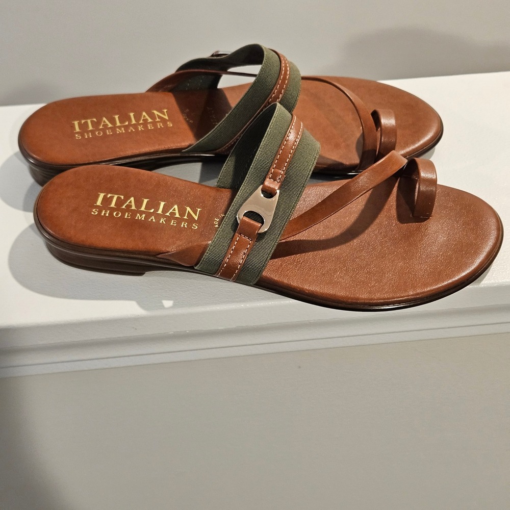 Italian Shoemakers Sandals Womens 8 Brown Olive Toe Loop Flat Elastic Italy - Picture 2 of 7